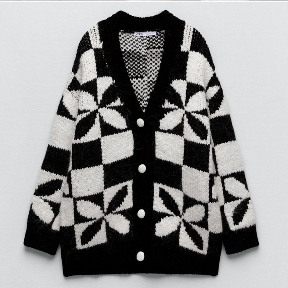 NWT* Zara Black White Checkered   Long Oversized Cardigan - Picture 12 of 16